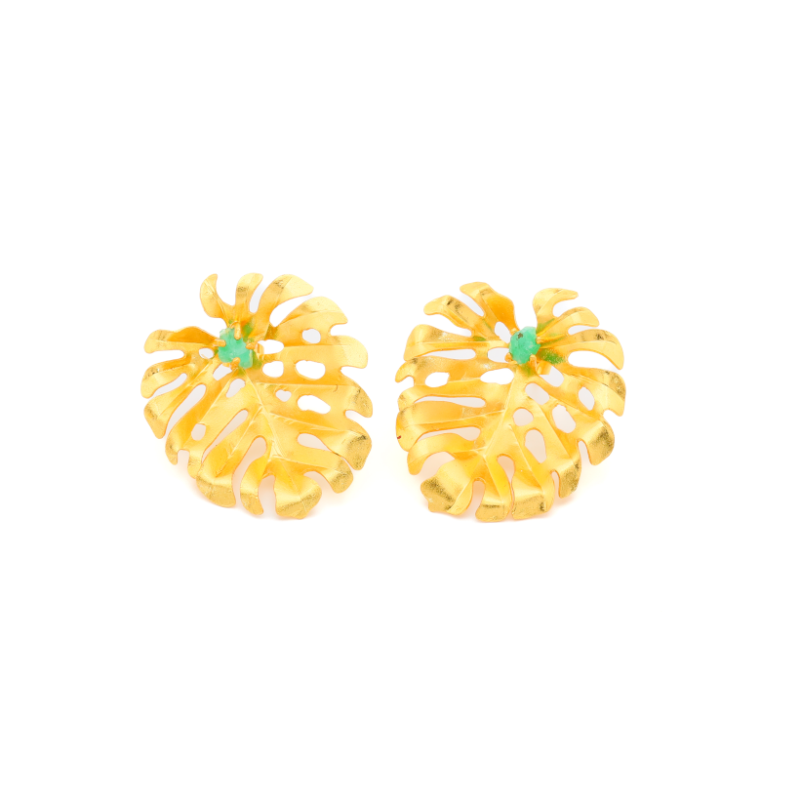 Monstera Leaf-Shaped Stud Emerald Earrings