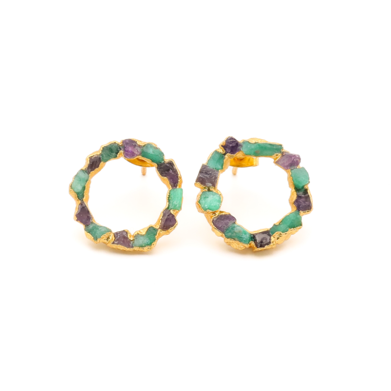 Crown Stud Earrings with Amethysts and Emeralds
