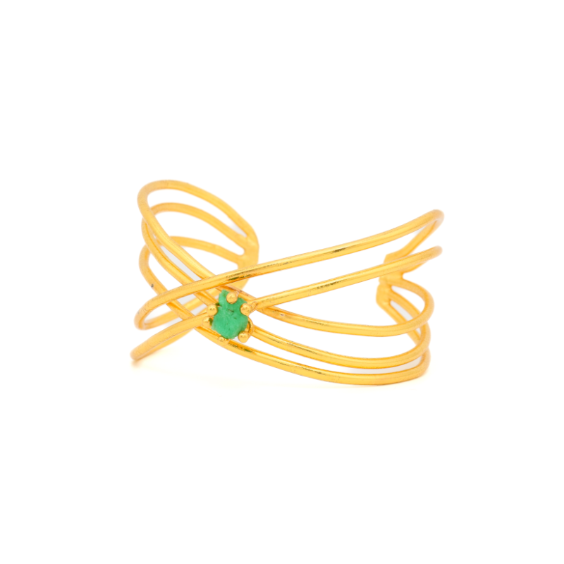 Hammered Cross Wire Bracelet with an Emerald