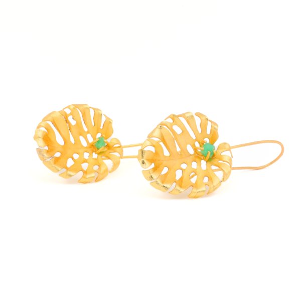 Hook Earrings in Monstera Leaf Shape with Emeralds